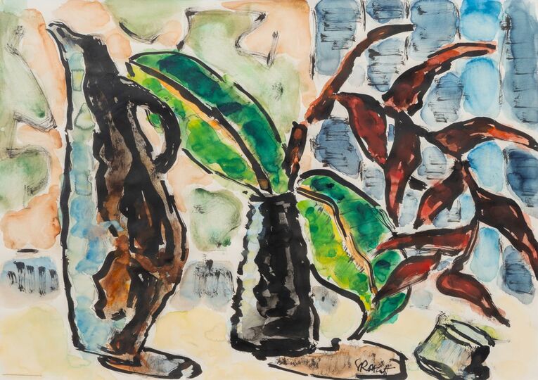 Heliconia and brown jug