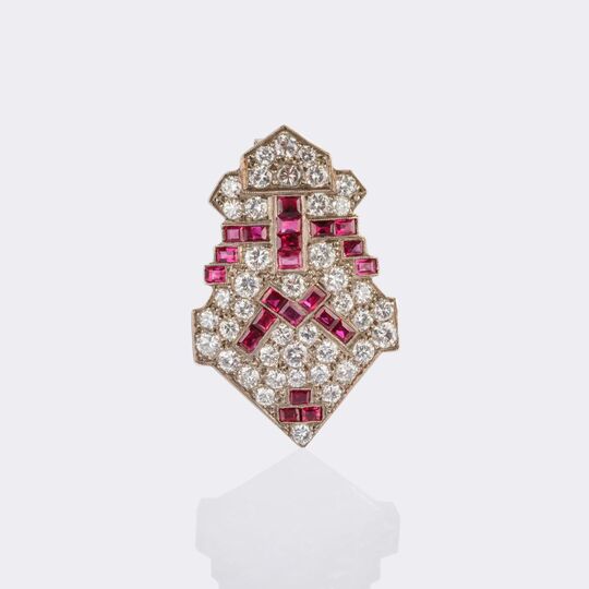 Art-déco Clip Pendant with Diamonds and Rubies