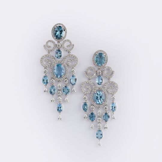 Pair Aquamarine Diamond Chandelier Earrings