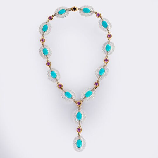 Langes Kristall Diamant Collier mit Türkisen und Amethysten