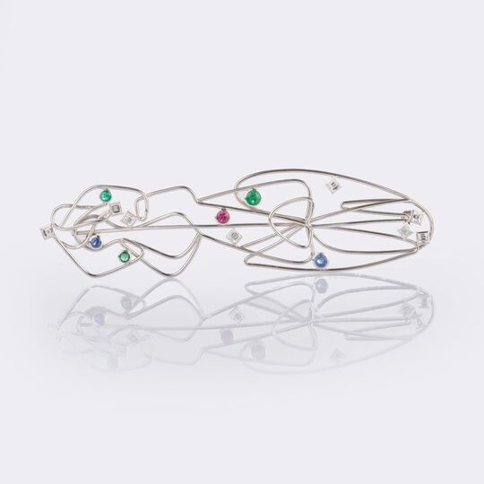 Long Filigree Brooch with Precious Stones