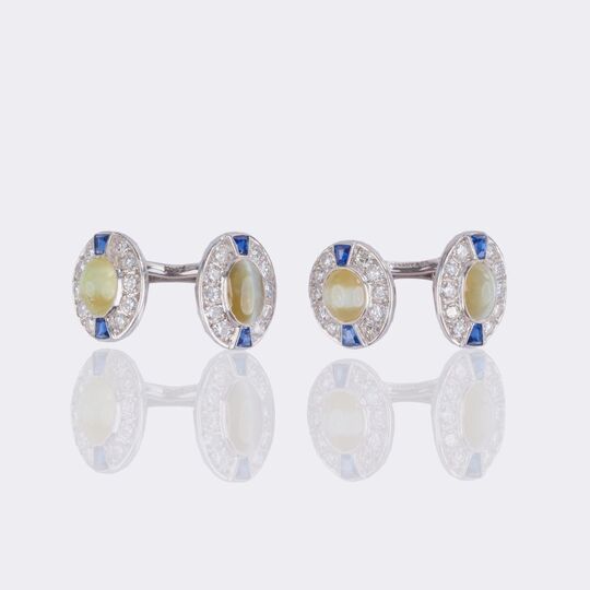 Pair of Diamond Sapphire Cufflinks with Chrysoberyl Cat Eye