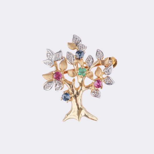 Miniature Tree Brooch with Diamonds and Coloured Gemstone