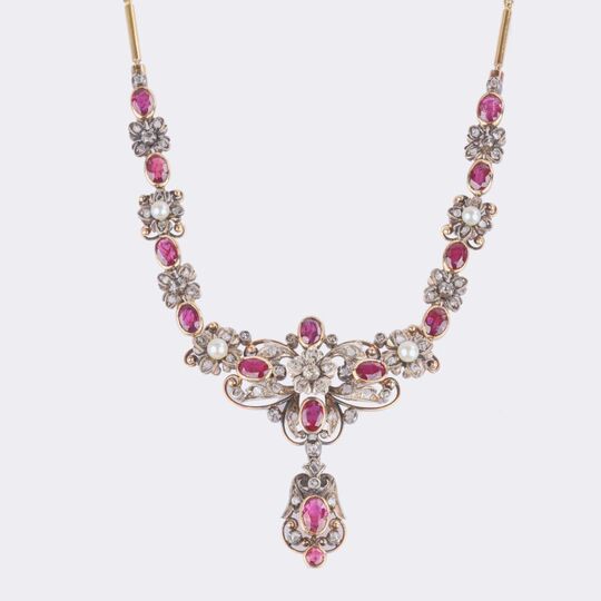 Flower Necklace with Diamonds, Pearls and Natural Rubies