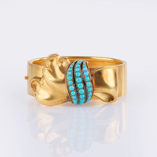 Gold Bangle Bracelet with Biedermeier Turquoise Bow