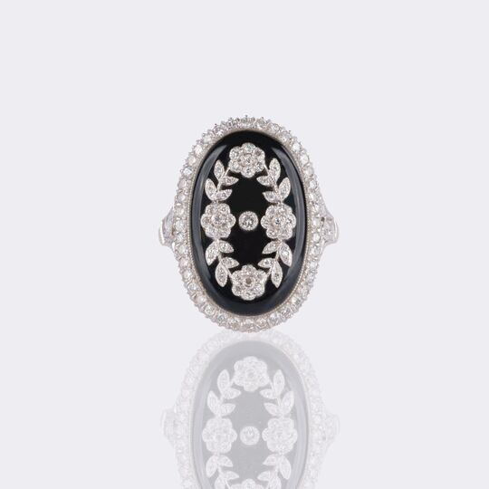 Onyx Diamond Ring in Art Nouveau Style