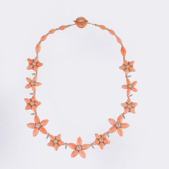 Extraordinary Coral Diamond Flower Necklace