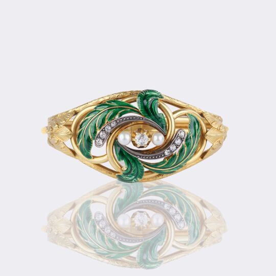 Late Biedermeier Enamel Gold Bangle Bracelet with Old Cut Diamonds