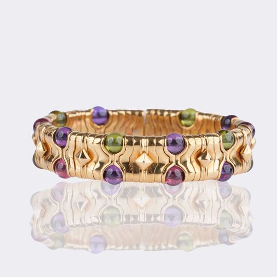 'Parentesi' Cuff Bangle Bracelet with Pink Tourmalines, Peridots and Amethysts