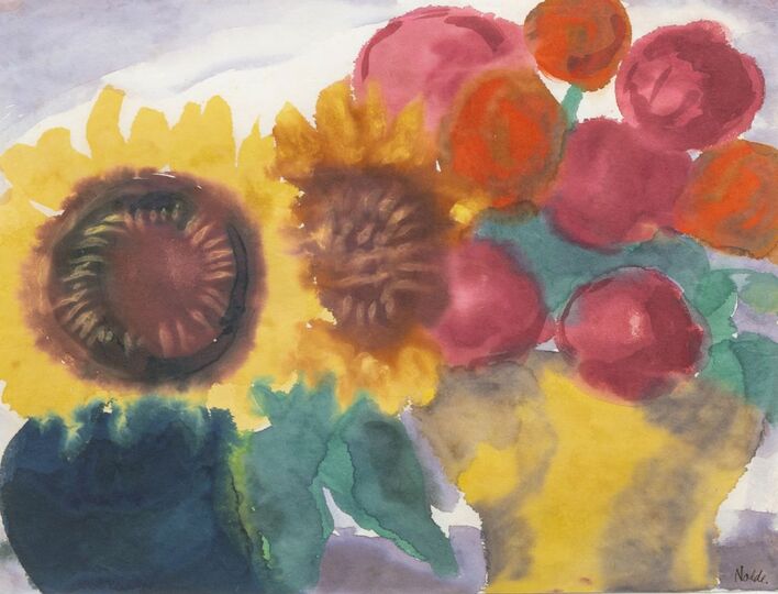 Still life with sunflowers and peonies
