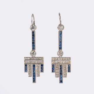 Pair of Art-déco Sapphire Diamond Earpendants
