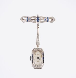 Art-déco Ladie's Pendant Watch on Brooch with Diamonds and Sapphires