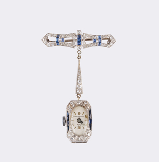 Art-déco Damen-Anhängeruhr an Brosche mit Diamanten und Saphiren