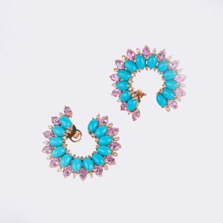 - Pair of Pink Sapphire Earrings with Turquoise and Diamonds in modern Design Pair of Pink Sapphire Earrings with Turquoise and Diamonds in modern Design