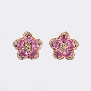 Pair Pink Sapphire Diamond Flower Ear Studs