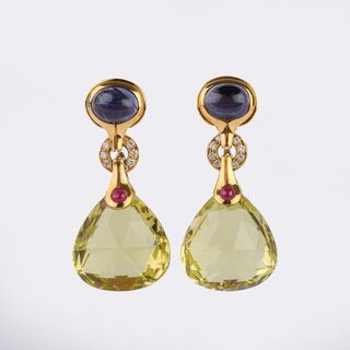 - Pair of Diamond Lemon Quartz Earclips with Diamonds and Colour Gemstones Pair of Diamond Lemon Quartz Earclips with Diamonds and Colour Gemstones