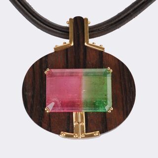 Multicoloured Tourmaline on Wood Pendant with Leather Necklace