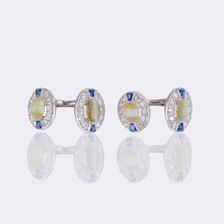 Tiffany & Co. - Pair of Diamond Sapphire Cufflinks with Chrysoberyl Cat Eye Pair of Diamond Sapphire Cufflinks with Chrysoberyl Cat Eye