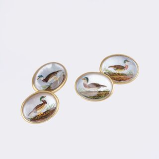 - Pair of antique Cufflinks with carved and painted Animal Depictions 'Brautente' Pair of antique Cufflinks with carved and painted Animal Depictions 'Brautente'