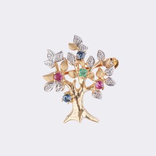 Miniature Tree Brooch with Diamonds and Coloured Gemstone