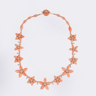 Extraordinary Coral Diamond Flower Necklace