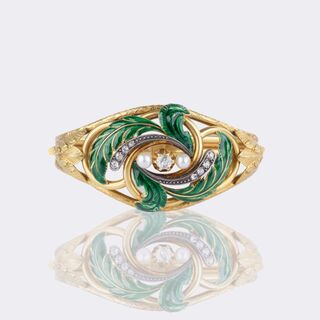 - Late Biedermeier Enamel Gold Bangle Bracelet with Old Cut Diamonds Late Biedermeier Enamel Gold Bangle Bracelet with Old Cut Diamonds