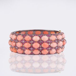 Colourfine Coral Ruby Bangle Bracelet with Diamonds