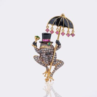 Gemstone Brooch 'Frog with Umbrella'