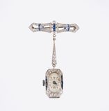 Art-déco Ladie's Pendant Watch on Brooch with Diamonds and Sapphires