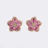 Pair Pink Sapphire Diamond Flower Ear Studs