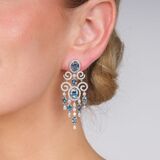 Pair Aquamarine Diamond Chandelier Earrings - image 2