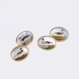 Pair of antique Cufflinks with carved and painted Animal Depictions 'Brautente'