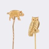 Two Novelty-Jewellerypiece Needles with Animal Figures 'Pig' and 'Owl'