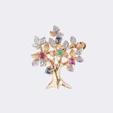 Miniature Tree Brooch with Diamonds and Coloured Gemstone
