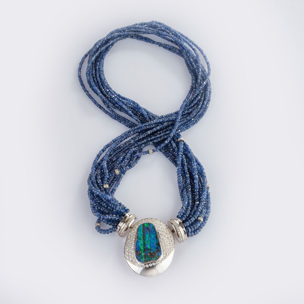 Sapphire Necklace with Diamond Boulder Opal Clasp
