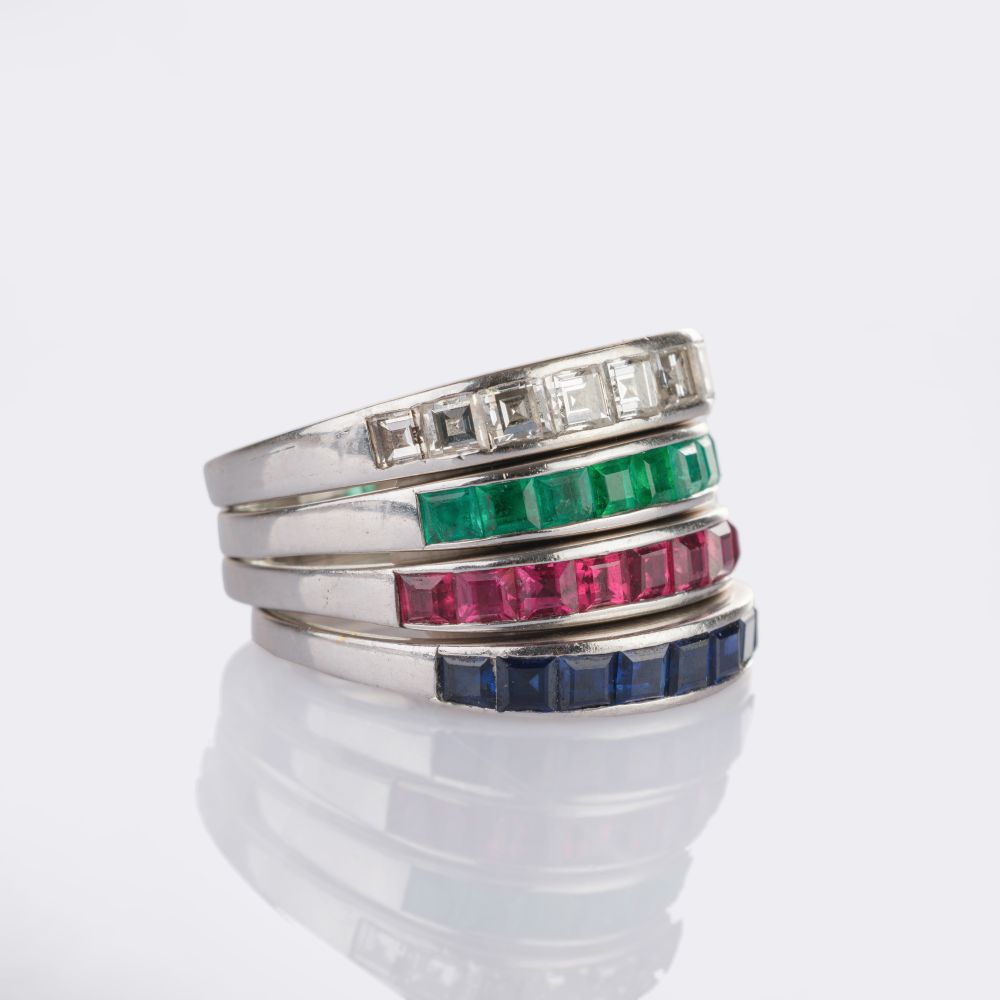Four Stacking Rings with Diamonds, Rubies, Sapphires and Emeralds - image 2