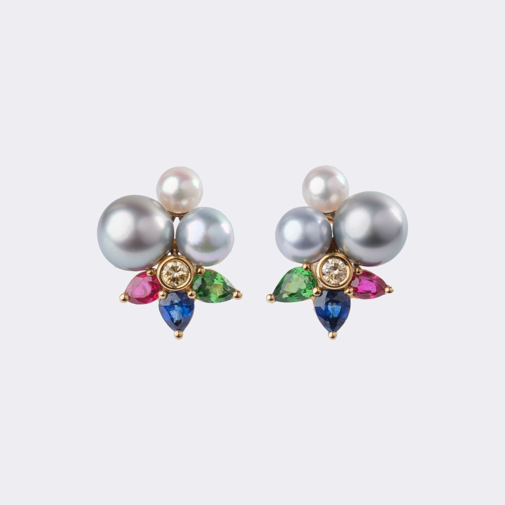 Pair of Gemstone-Pearl Earclips with Diamonds