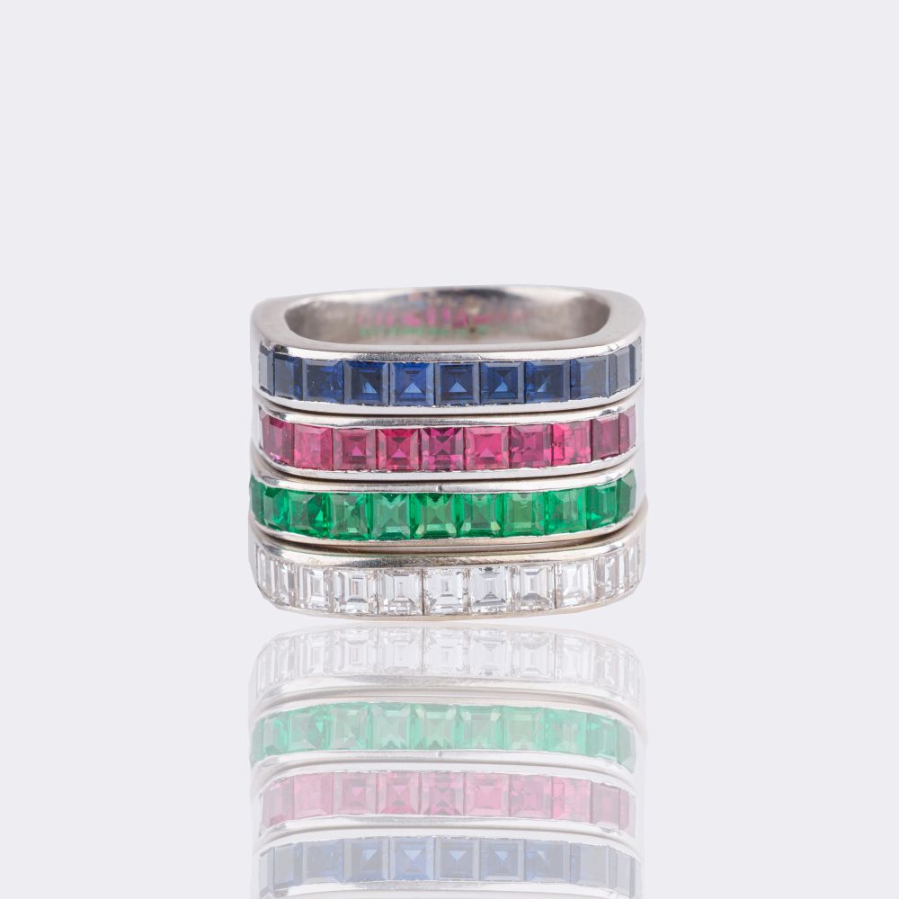 Four Stacking Rings with Diamonds,Sapphires and Rubies