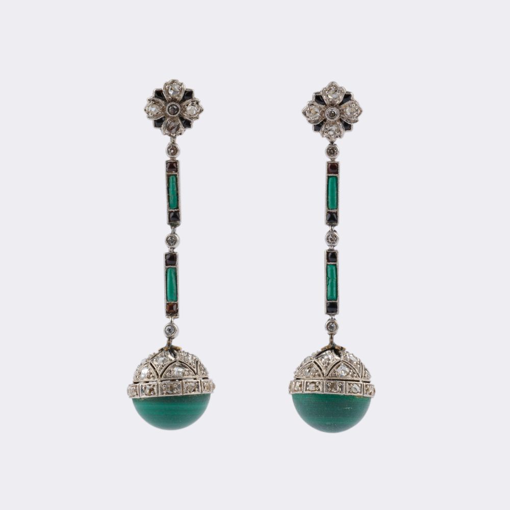 Pair of Art déco Malachite Diamond Earrings