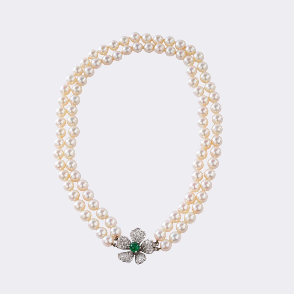 Pearl Necklace with Floral Emerald and Diamond Clasp