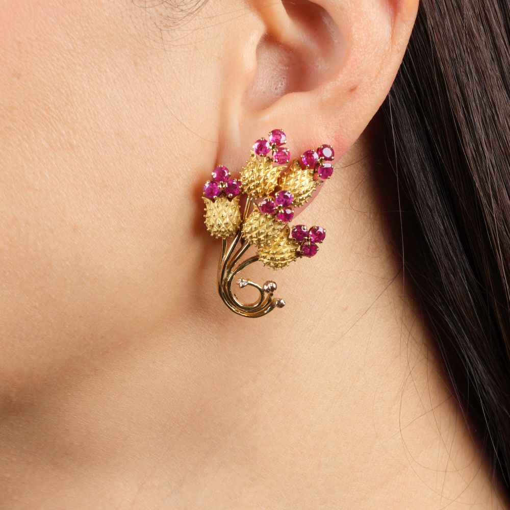 Pair of Vintage Ruby Flower Earrings - image 2