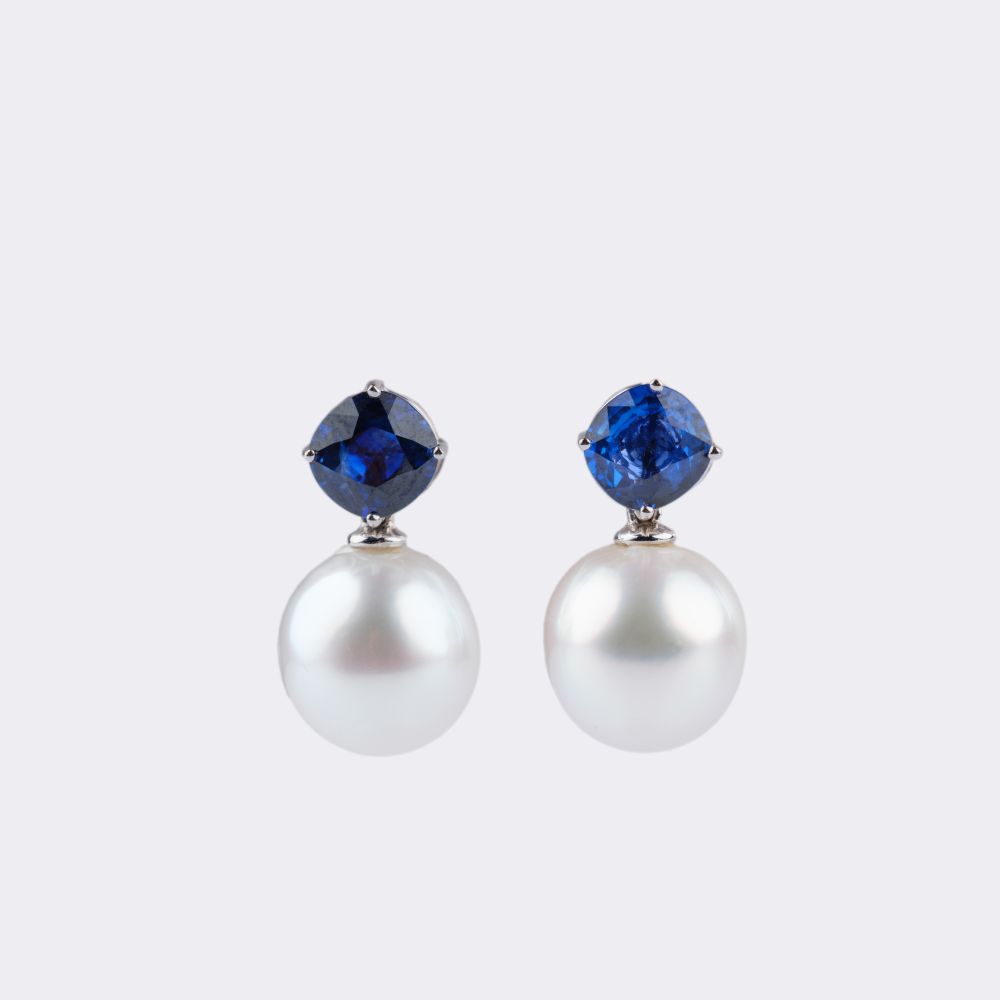 Pair of Southsea Pearl Earrings with Natural Sapphires