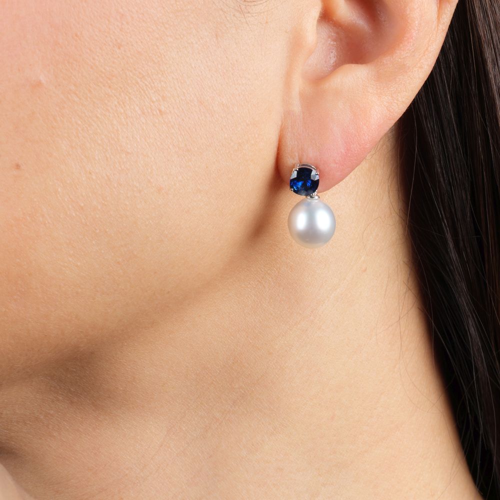 Pair of Southsea Pearl Earrings with Natural Sapphires - image 2