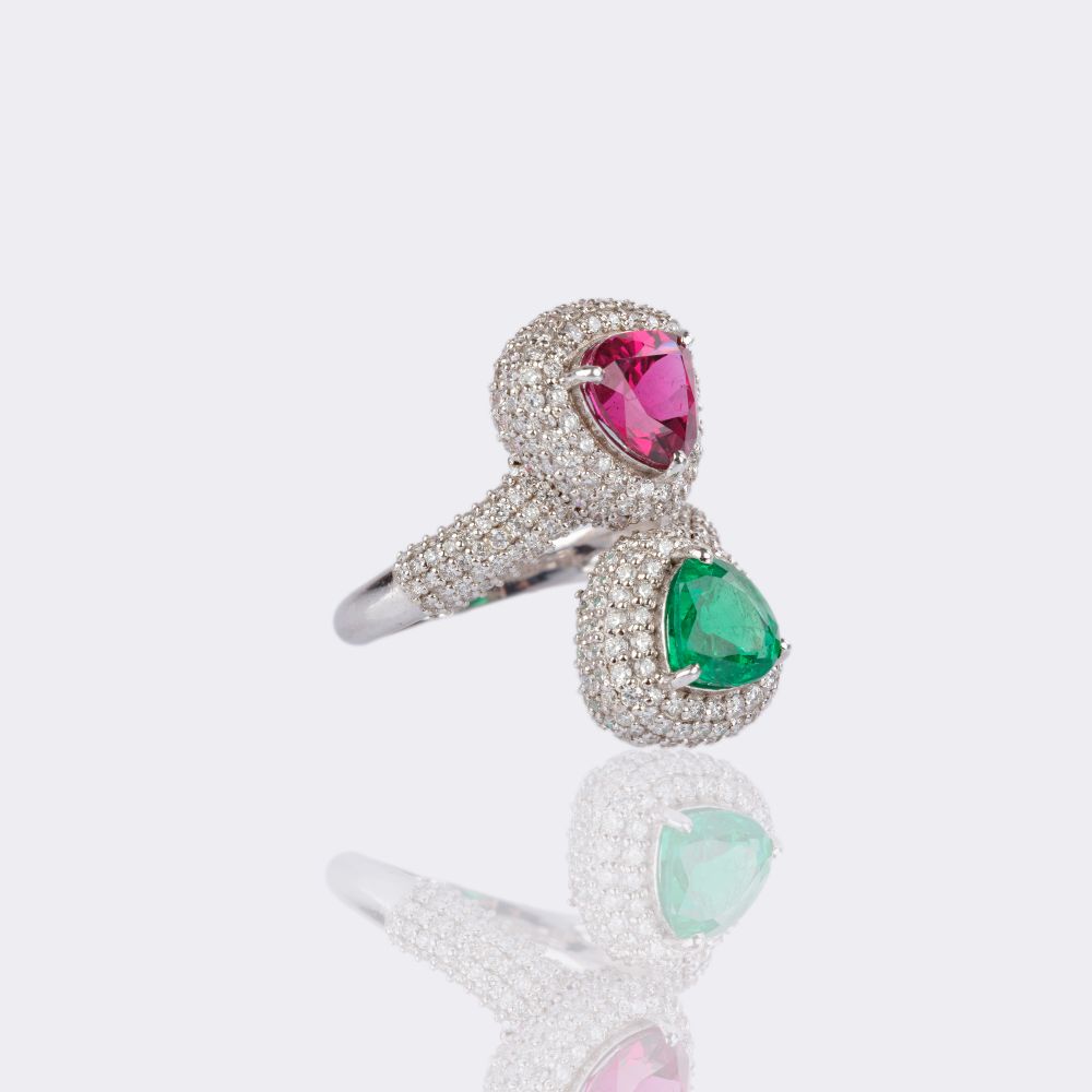 Moi-et-Toi Emerald Rubellit Ring with Diamonds - image 2