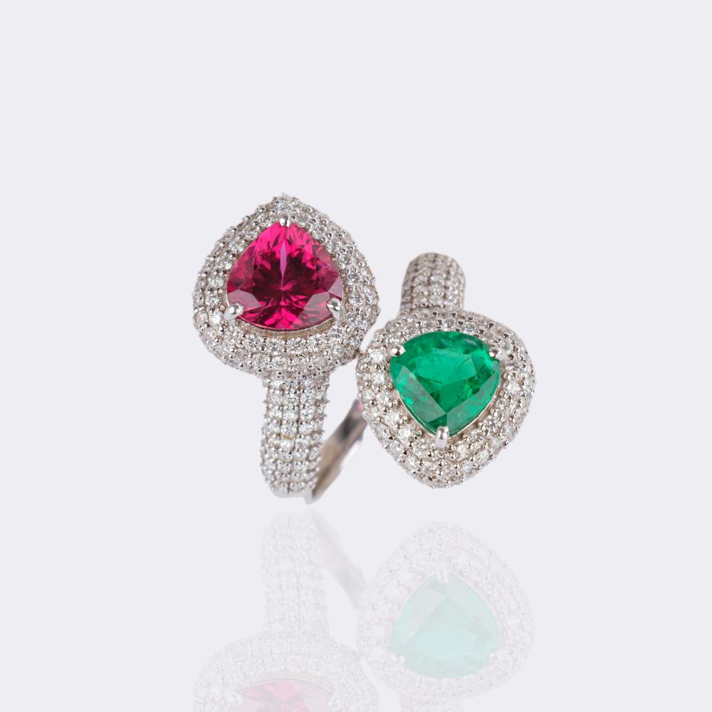 Moi-et-Toi Emerald Rubellit Ring with Diamonds - image 3