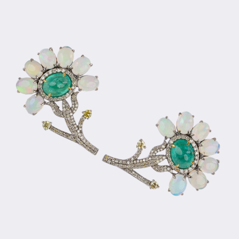 Pair of Opal Emerald Flower Earrings with Diamonds - image 2