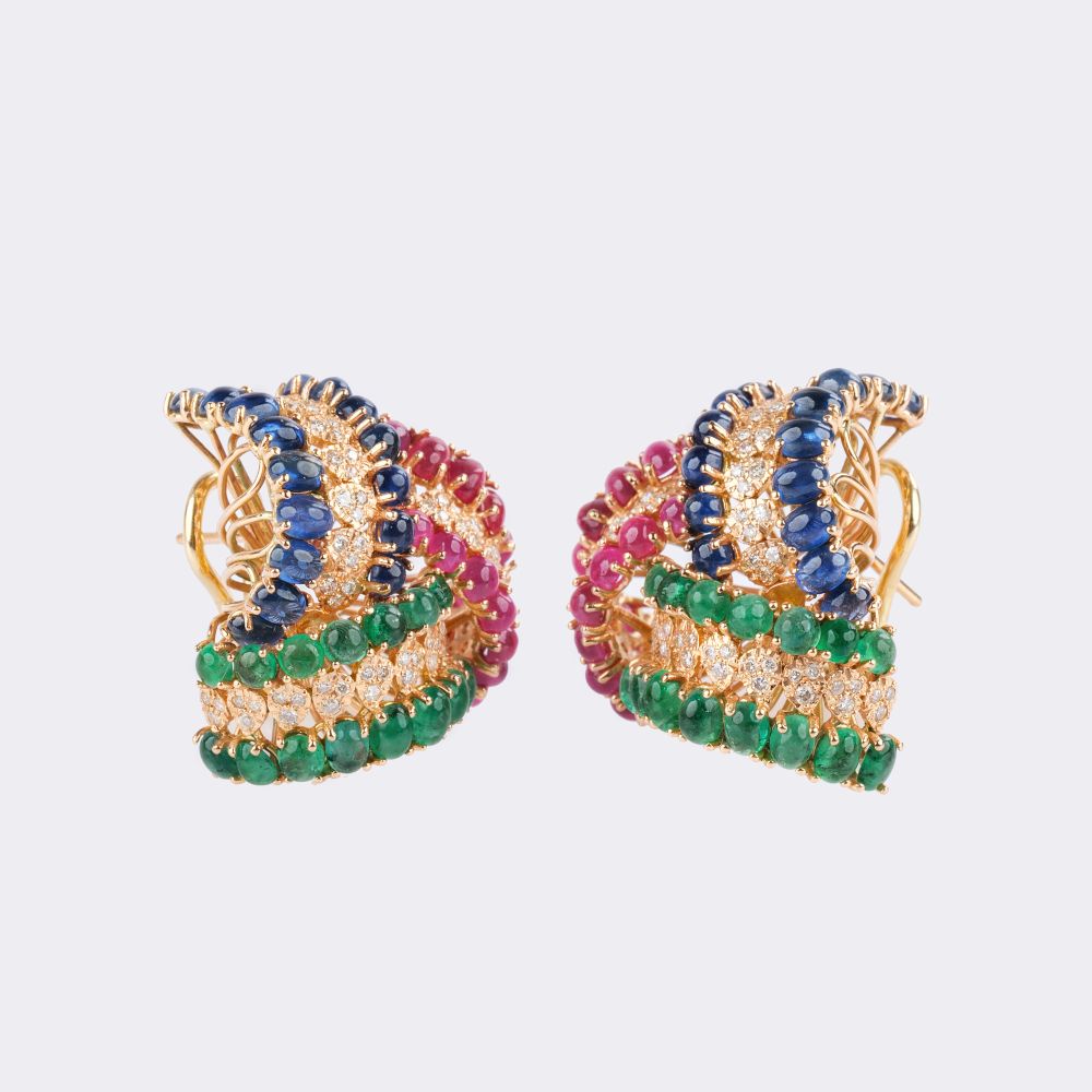 Pair of Knot Earclips with Rubies, Emeralds, Sapphires and Diamonds - image 2