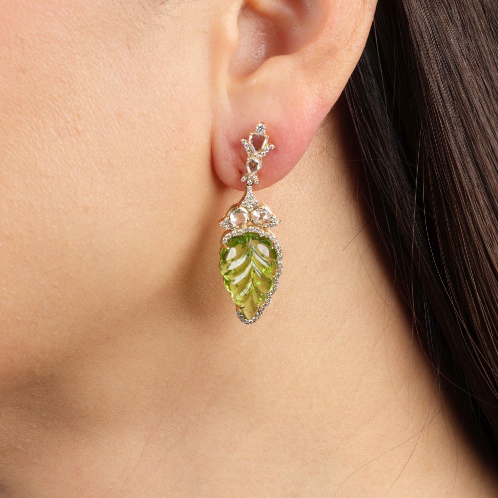 Pair of Peridot Earrings 'Leaf Cut' with Diamonds - image 2