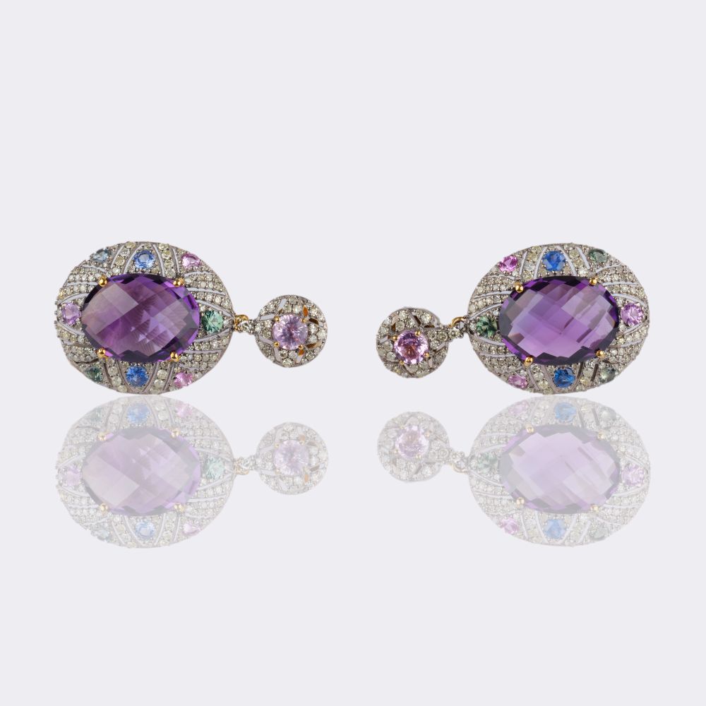 Pair of Amethyst Diamond Earrings with Sapphires - image 2