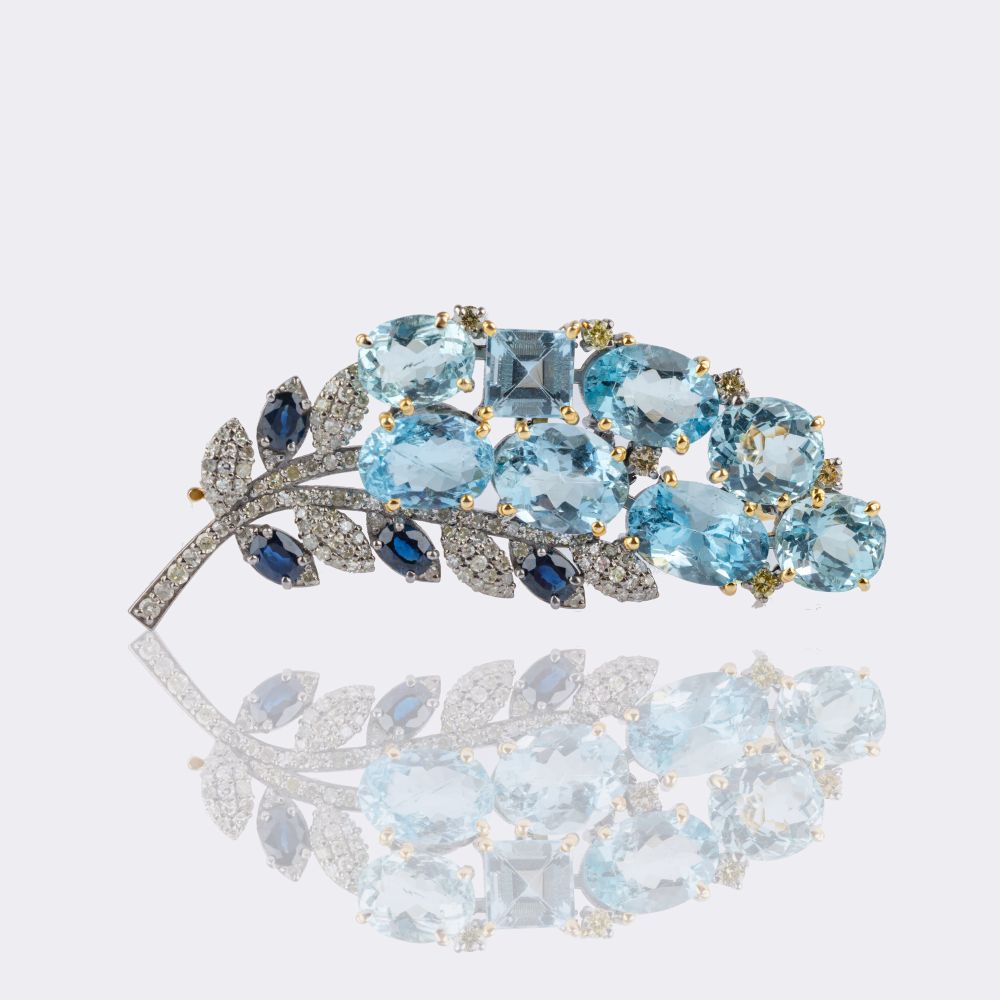 Aquamarine Flower Brooch with Sapphires and Diamonds